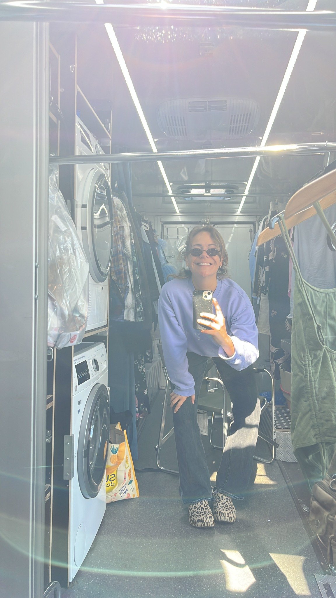 Cami Lønbirk in wardrobe trailer